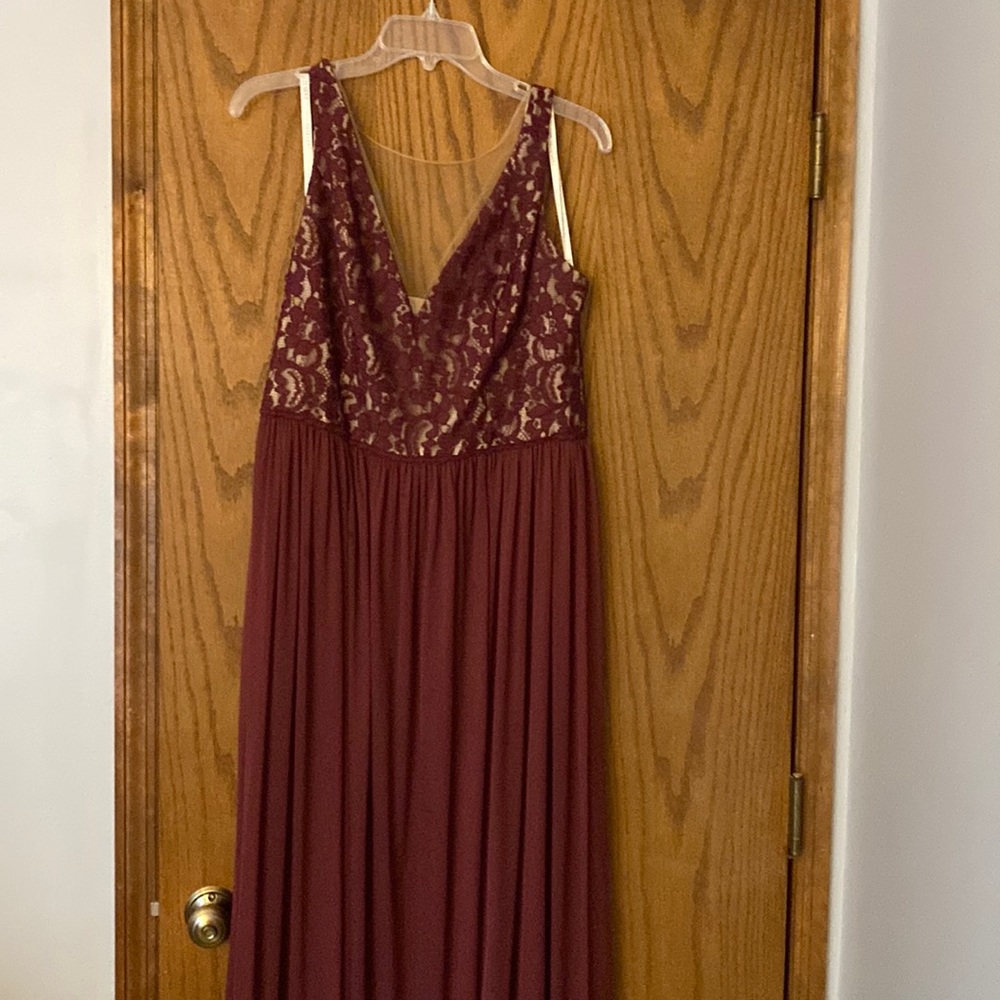 Wine, David’s Bridal Illusion V-neck Lace and Mesh Dress, size 14